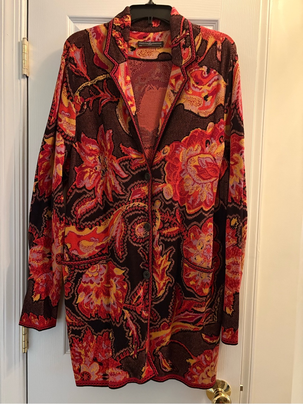 Peruvian Connection Long Floral Cardigan in Black, Red, Orange, Yellow